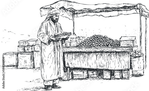 Black and white sketch of a man in traditional clothing selling fruits at an outdoor market stall with a canopy.