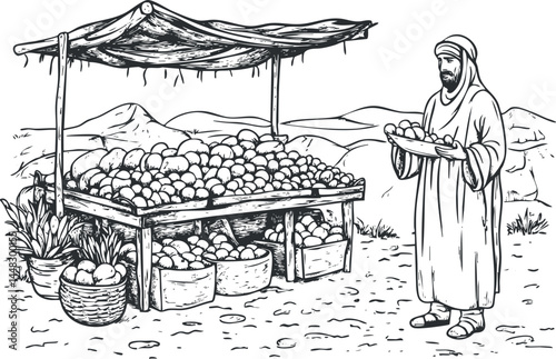 Black and white sketch of a traditional market vendor selling fruit at a stall in a desert environment