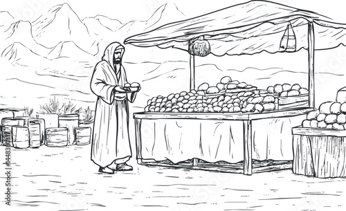 Black and white illustration of a cloaked man selling bread loaves at an outdoor market stall in a desert setting with mountains.