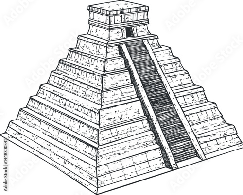 Black and white illustration of an ancient Mesoamerican step pyramid with stairs and stone structure