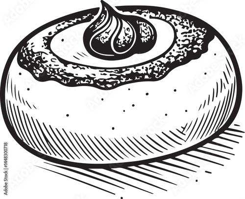 Kolache Pastry, Bun, Dessert, Black and White Vector Illustration, Sketch Drawing Line Linear Symbol Icon Engraving, Hand-drawn Isolated