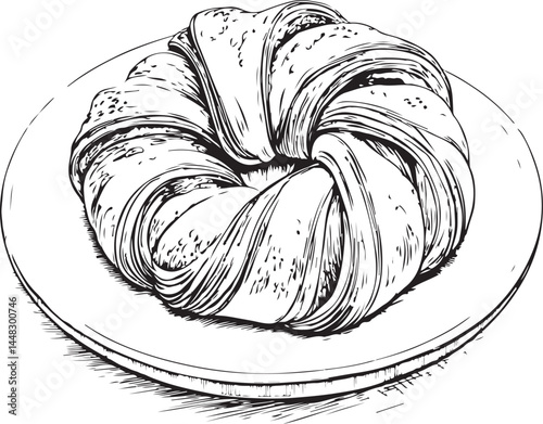 Puff pastry twist, Bun, Dessert, Black and White Vector Illustration, Sketch Drawing Line Linear Symbol Icon Engraving, Hand-drawn Isolated