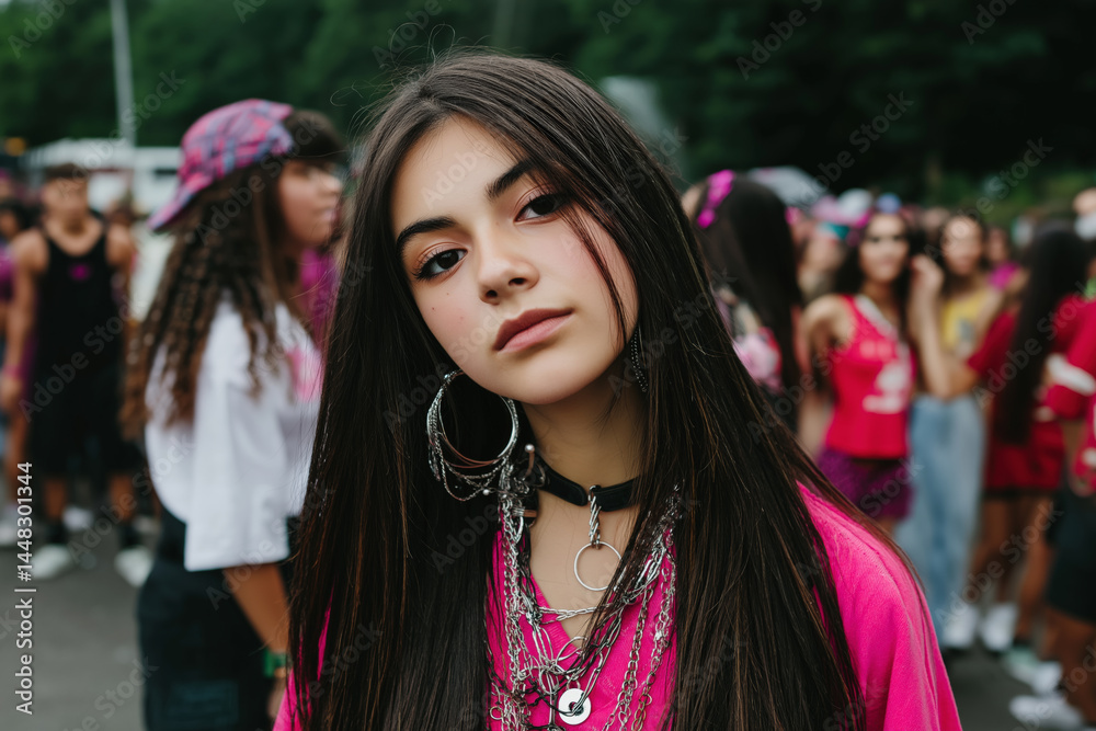 Obraz premium Young Woman with Jewelry and Pink Shirt