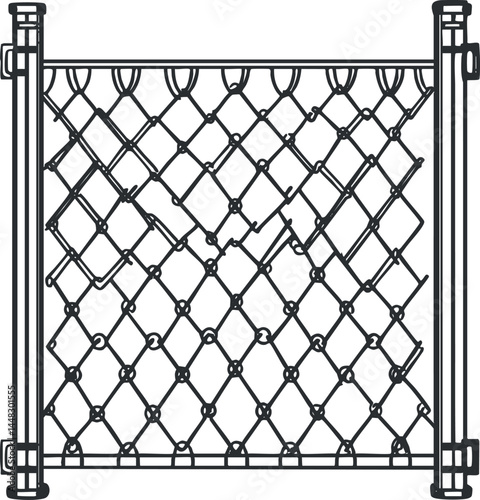 Black and white illustration of a chainlink metal gate with wire mesh pattern for security and boundary purposes