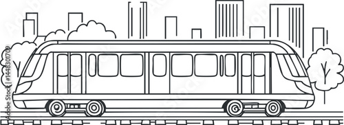 Black and white outline drawing of a modern subway train on city tracks with buildings and trees in background