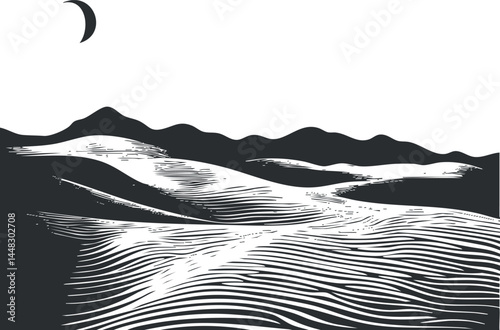 Black and white illustration of desert sand dunes under a crescent moon in a serene night landscape.