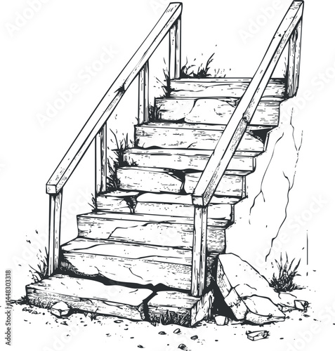 Black and white line art of rough stone stairs with wooden handrails and surrounding rocks