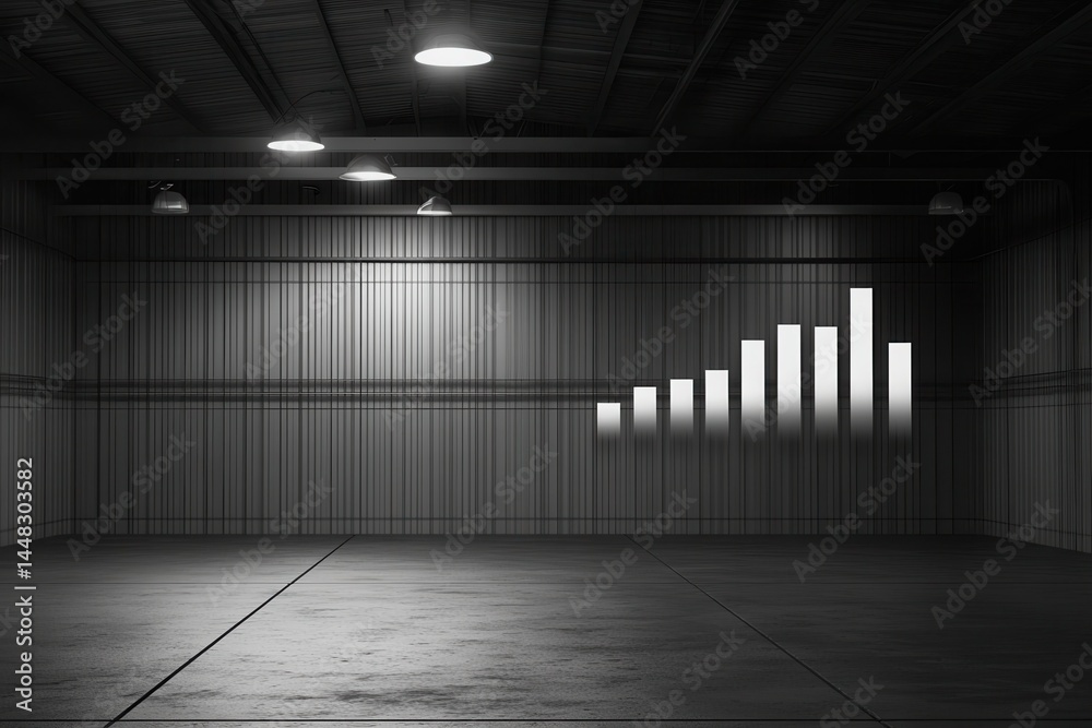 Minimalist industrial space with ascending bar graph projection on wall, evoking growth Minimalist industrial space with ascending bar graph projection on wall, evoking growth