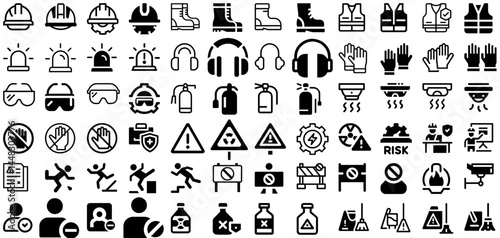 Industrial Safety & PPE Set – Workplace Hazard Sign: Large line and glyph icon set of PPE, safety equipment, and hazard warnings for use in workplace safety guides, industry, and compliance posters.