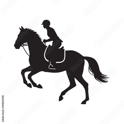 Black vector illustration of an isolated equestrian silhouette shows a horse and rider in a gallop