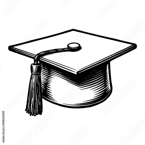 Graduation Hat Mortarboard with Tassel Black and White Outline Line Art Drawing Engraved Sketch Style Illustration Isolated Object Retro Vintage Antique