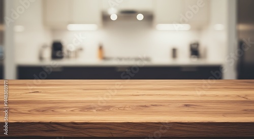 Empty wooden table in front of a blurred modern kitchen.