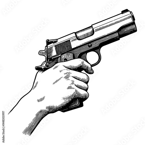 Hand Holding Pistol in Vintage Retro Engraved Style Black and White Outline Line Art Drawing