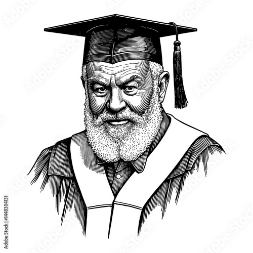 Detailed Portrait of an Old Man Wearing Graduation Robe and Hat Black and White Outline Line Art Drawing