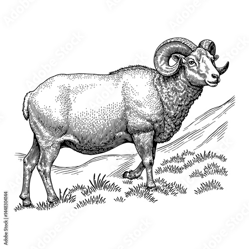 Wild Bighorn Ovis Sheep Stands on Mountain Slope Black and White Outline Line Art Drawing Engraving Style