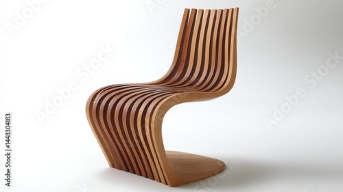 Mid century modern wooden timeless furniture sculptural chair with a unique, curved slat design set against a plain background.