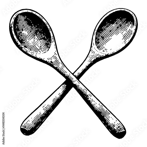 Crossed Wooden Spoons Kitchen Utensil Vintage Engraved Black and White Outline Line Art Drawing Graphic Object