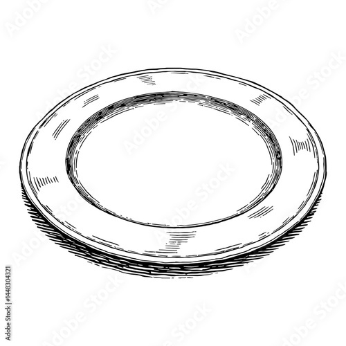 Empty Wooden Plate for Food Classic Isolated Object Black and White Outline Line Art Drawing Vintage Engrave Style View