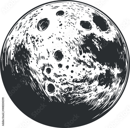 Black and white illustration of the moon showing detailed craters and surface texture in space