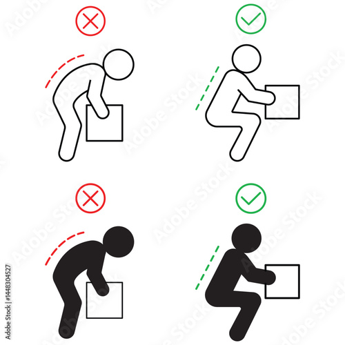 weight lifting with correct and incorrect posture, posture of spine icon set, vector, customizable stroke