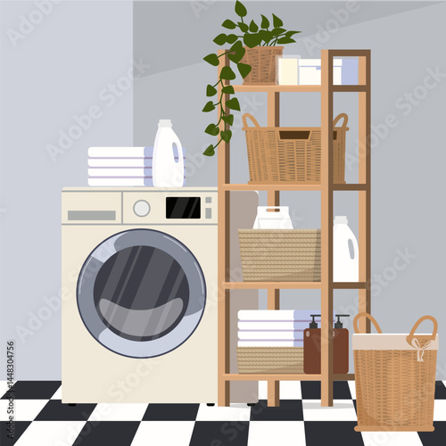 Vector illustration of bathroom interior with space organization.