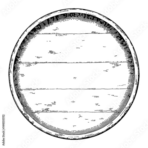 Detailed Top View Empty Round Wooden Plate for Food Black and White Outline Line Art Drawing