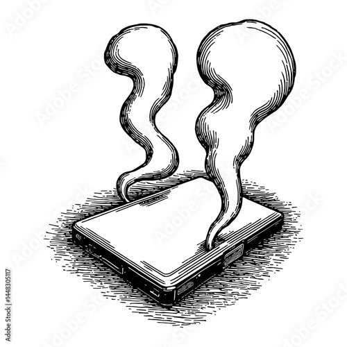 Laptop with Smoke in Vintage Black and White Outline Line Art Drawing Illustration Style