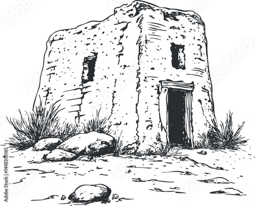 Sketch of an ancient adobe building with stone ruins and desert plants in a dry landscape