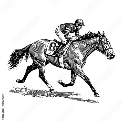 Magnificent Race Horse Running with Jockey and Rider in Fast Motion Black and White Outline Line Art Drawing