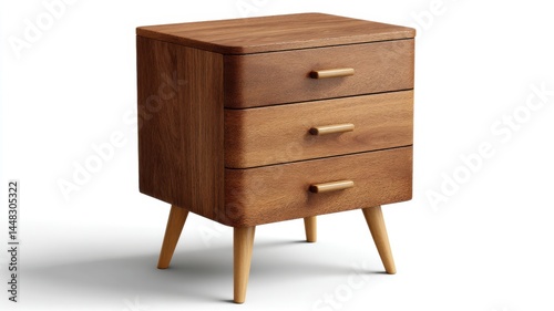 Mid century modern wooden timeless furniture nightstand with three drawers and angled legs, featuring a minimalist mid-century design.