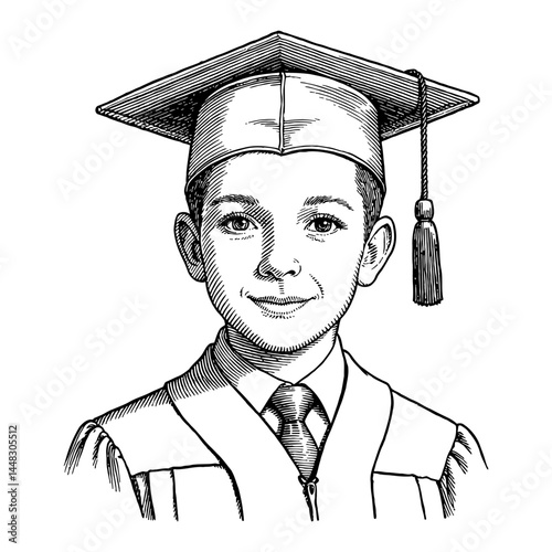 A Young Boy Wearing Graduation Robe and Hat in Vintage Black and White Outline Line Art Drawing