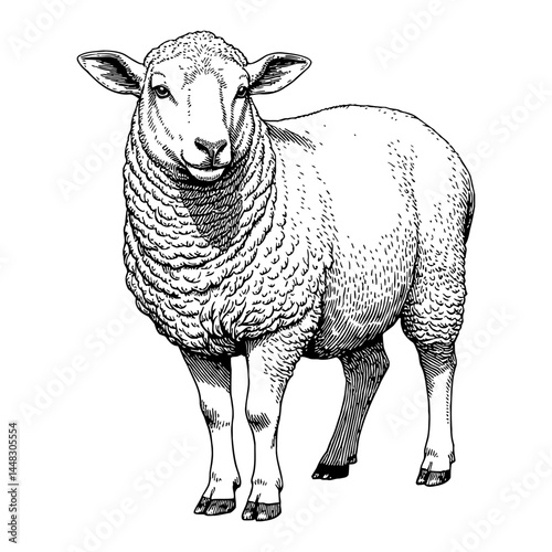 Adorable Lamb Animal Black and White Outline Line Art Drawing Woodcut Style Detail