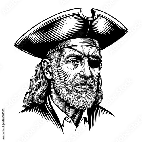 Portrait of a Man Wearing Pirate Hat and Eyepatch Black and White Outline Line Art Drawing