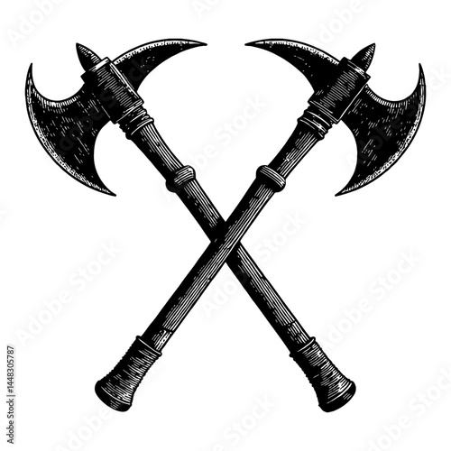 Crossed Medieval Axes Vintage Black and White Outline Line Art Drawing Engraving Style Isolated Object