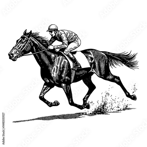 Magnificent Race Horse Running with Rider Black and White Outline Line Art Drawing