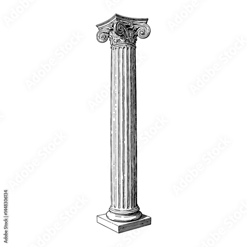 Ancient Roman Architecture Column with Ionic Capital Black and White Outline Line Art Drawing Illustration Object