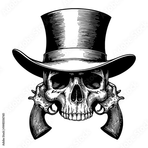 Skull Wearing Top Hat with Crossed Pistols Logo in Black and White Outline Line Art Drawing Engraving