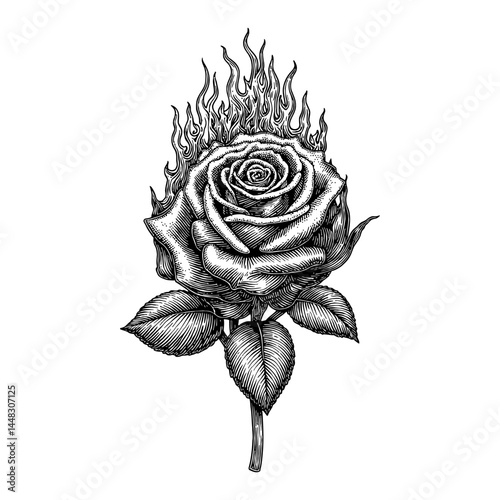 Detailed Black Rose Coated in Flame Vintage Engraved Style Black and White Outline Line Art Drawing Illustration Isolated Object