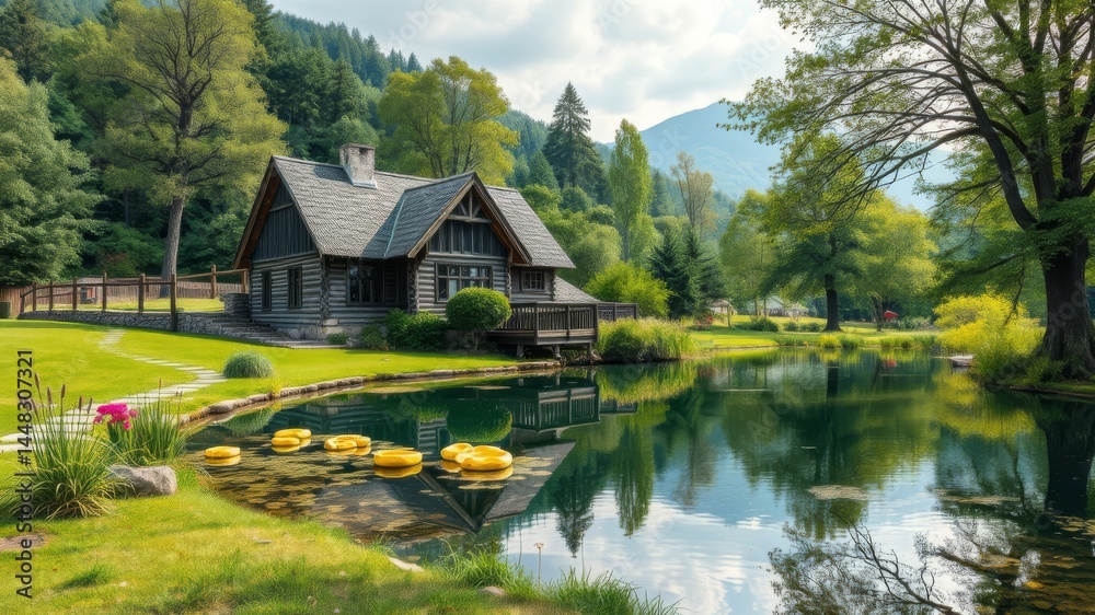 Fototapeta premium A picturesque log cabin led beside a serene lake in a lush green mountain valley landscape offers tranquility and peace.