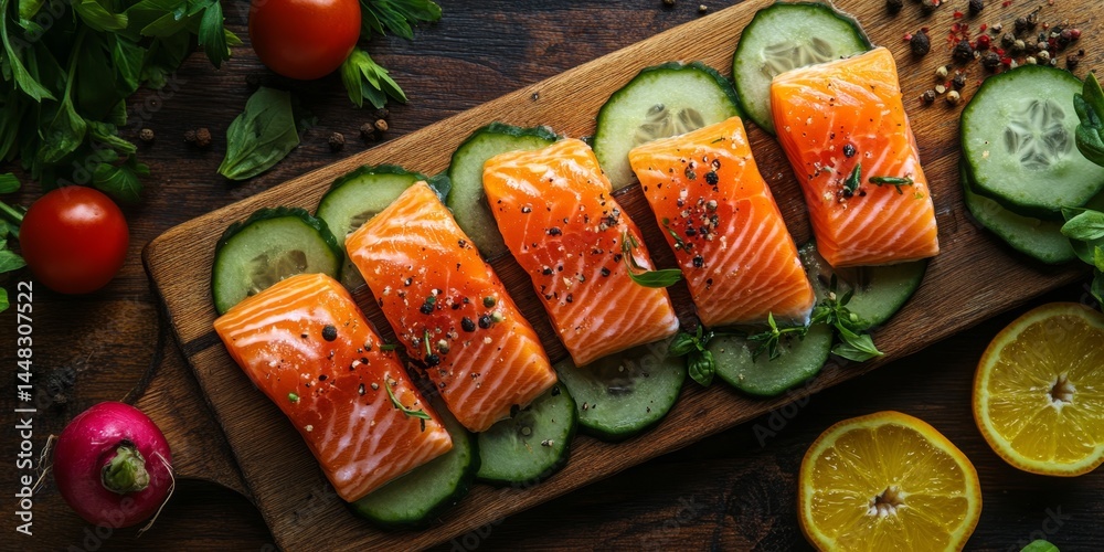Plate of sushi rolls garnished with cucumber, tomato, and lemon wedges for a healthy appetizer.