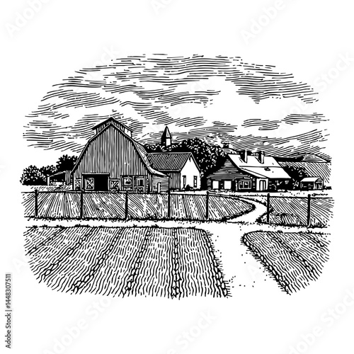 Rural Farm Landscape Scenery with Barn Fields Fence and Path Black and White Outline Line Art Drawing