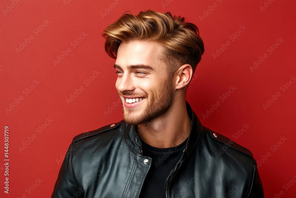 A peaceful and content male enjoying his portrait. Red solid background. Trendy men's wavy bob haircut - midlife white man with hair. Pattern idea of style for aging men.