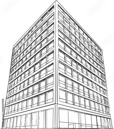 Black and white line art illustration of a modern multi-story commercial office building with many windows and clean architectural design.