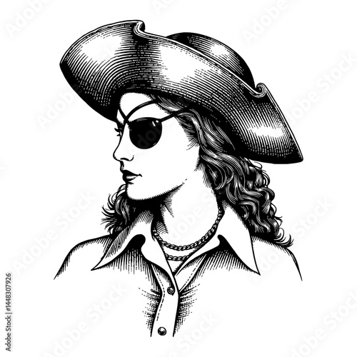 Woman Wearing Pirate Costume with Hat and Eye Patch Black and White Outline Line Art Drawing Engraving Style