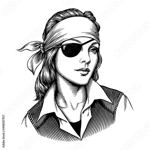 Woman Wearing Pirate Costume with Head Bandana and Eye Patch Black and White Outline Line Art Drawing