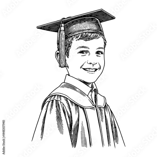 Young Boy Wearing Graduation Robe and Hat Black and White Outline Line Art Drawing