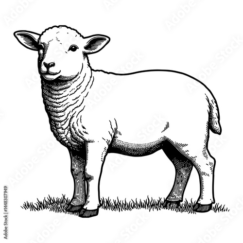 A Cute Young Lamb Standing on Grass Vintage Black and White Outline Line Art Drawing