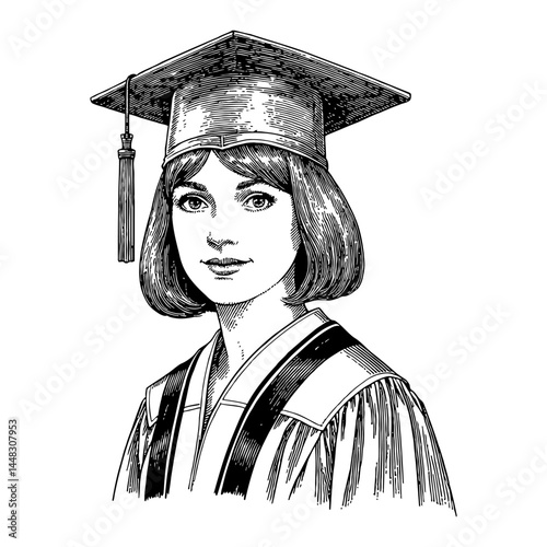Young Girl Wearing Graduation Robe and Hat Black and White Outline Line Art Drawing Close Up Portrait