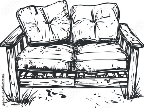 Black and white sketch of a wooden bench with cushions designed for outdoor garden or patio seating