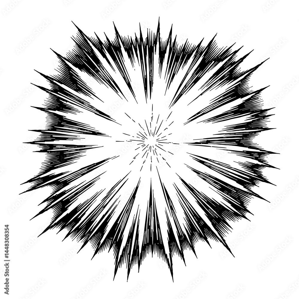 Obraz premium Radial Firework Explosion Burst Comic Graphic Effect Detail Black and White Outline Line Art Drawing